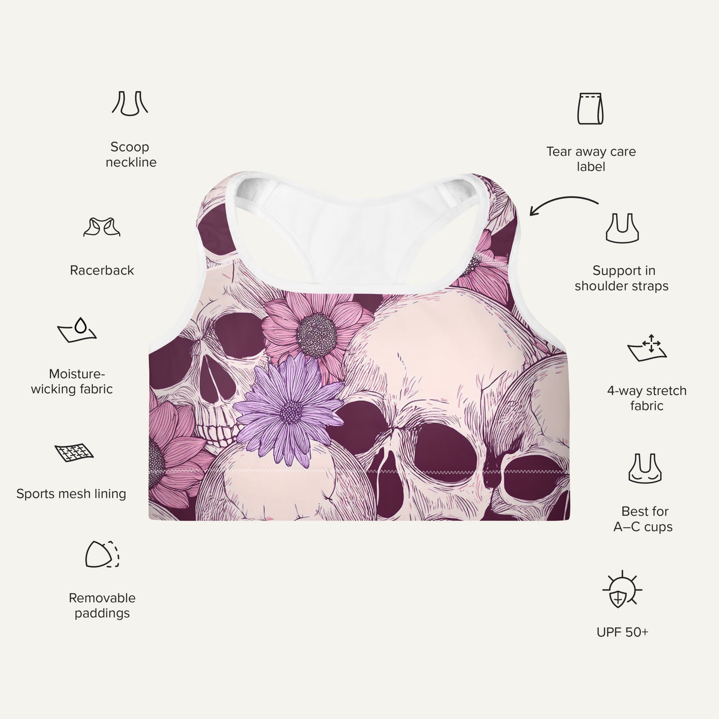 Pastel Floral Skulls Padded Sports Bra