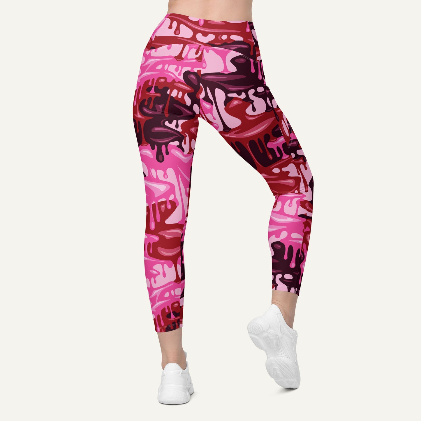 Pink Camouflage Drip Crossover Leggings With Pockets