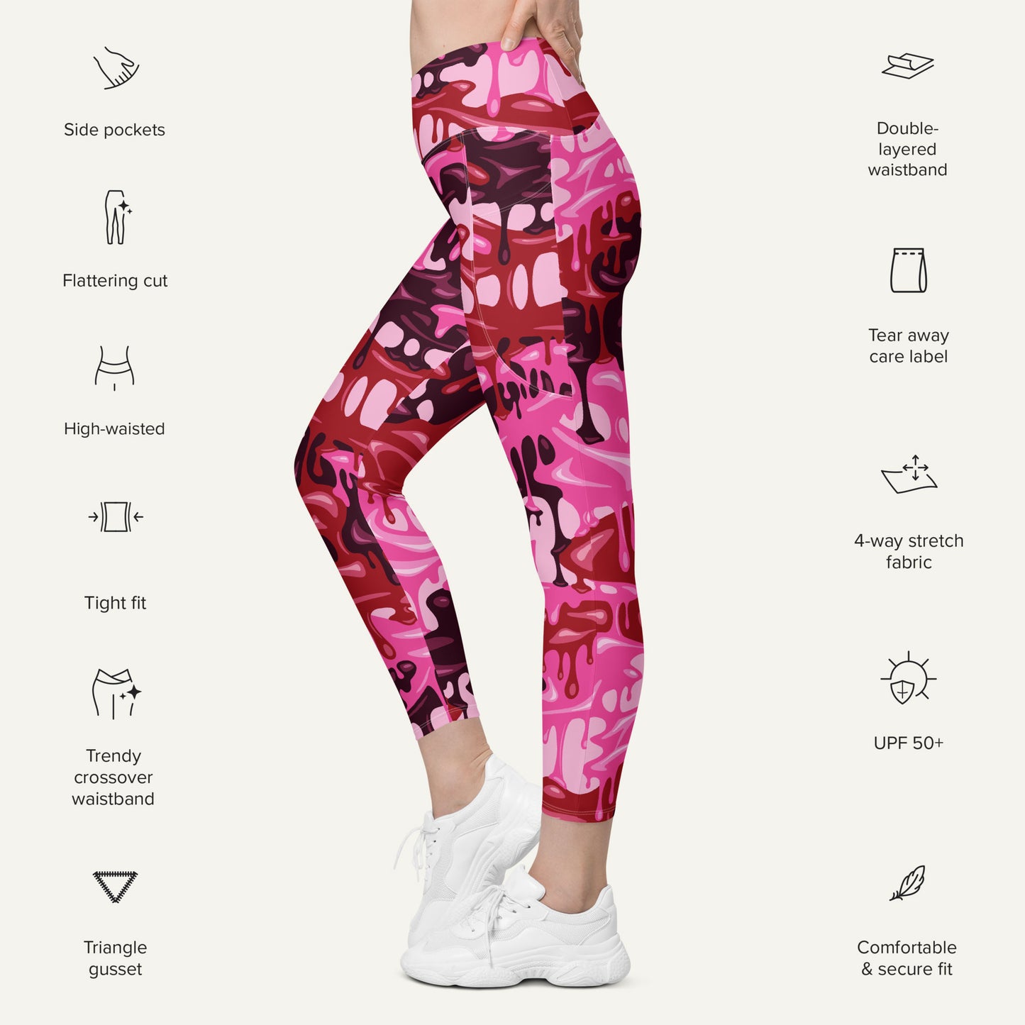 Pink Camouflage Drip Crossover Leggings With Pockets