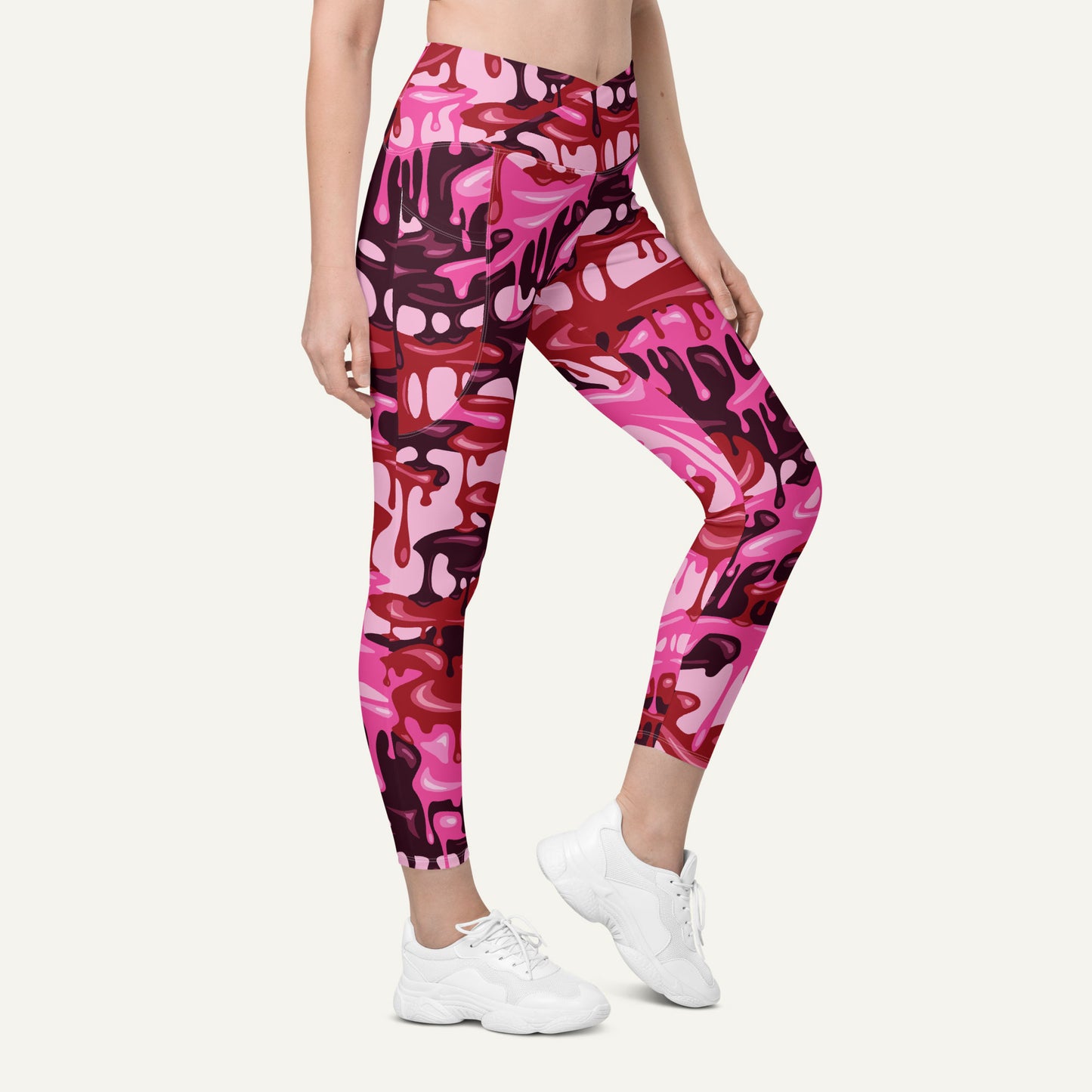 Pink Camouflage Drip Crossover Leggings With Pockets