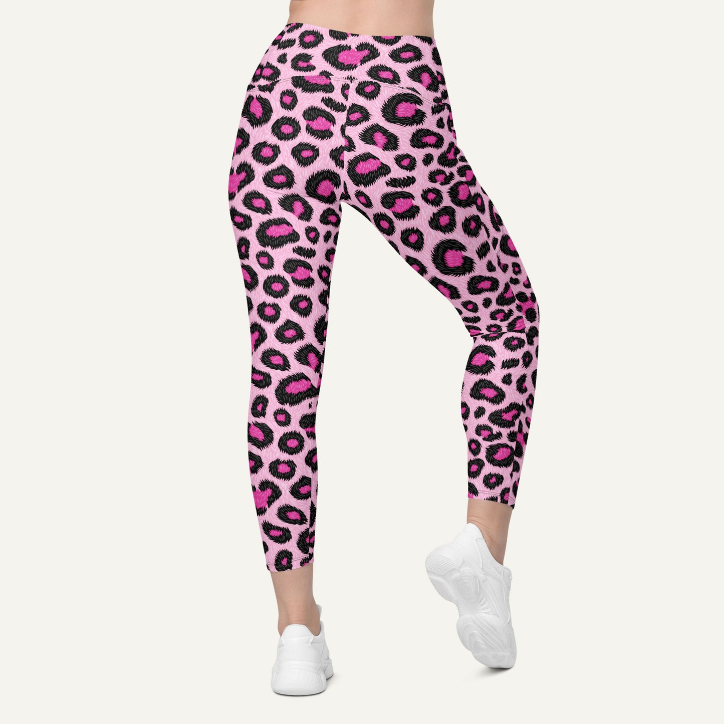 Pink Leopard Print Crossover Leggings With Pockets