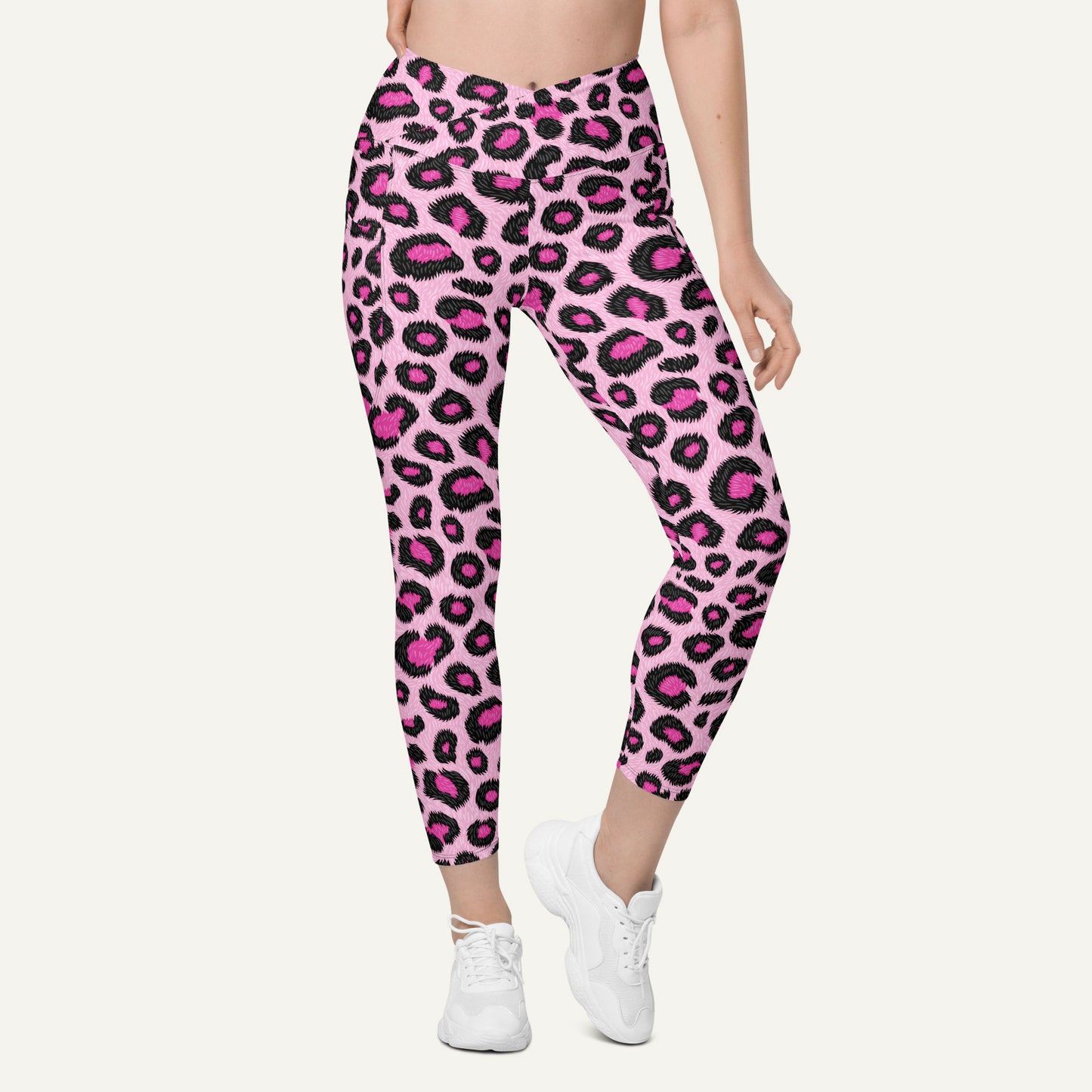 Pink Leopard Print Crossover Leggings With Pockets