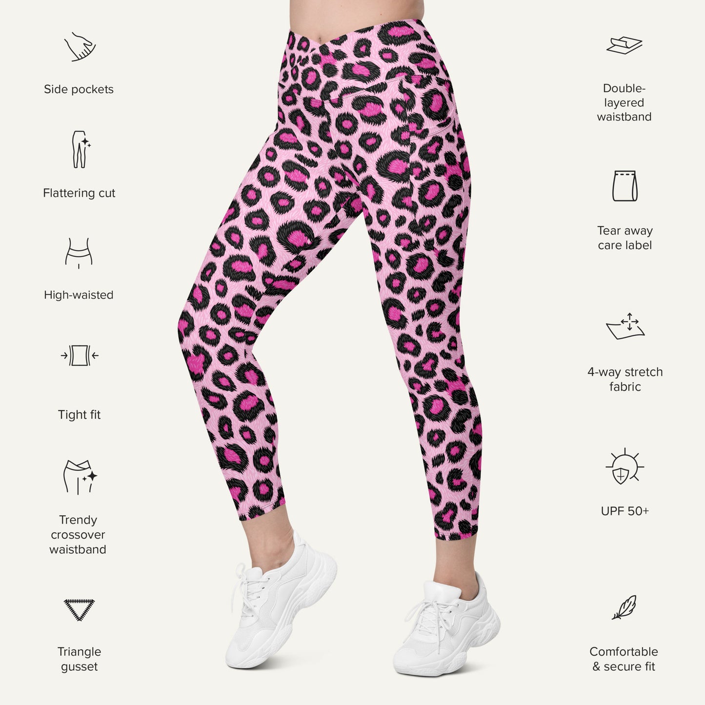Pink Leopard Print Crossover Leggings With Pockets