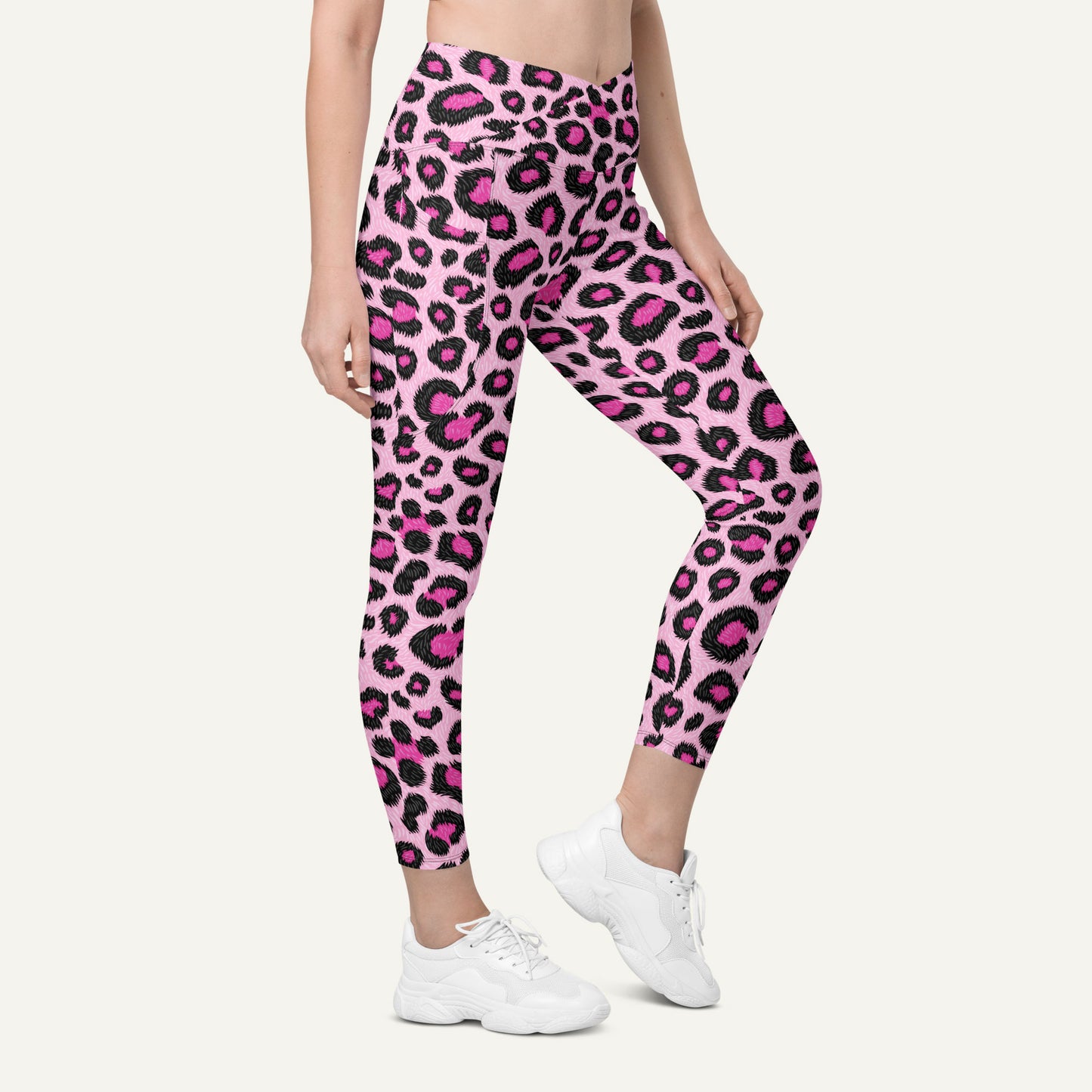 Pink Leopard Print Crossover Leggings With Pockets