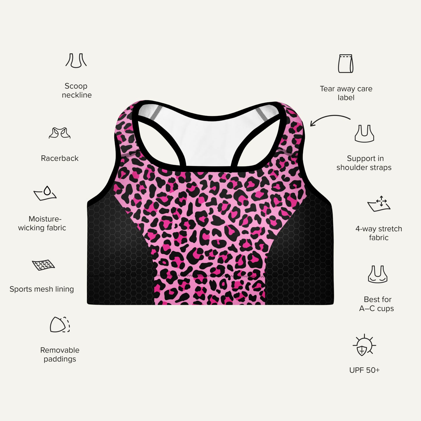 Pink Leopard Print Side Stripe Padded Sports Bra
