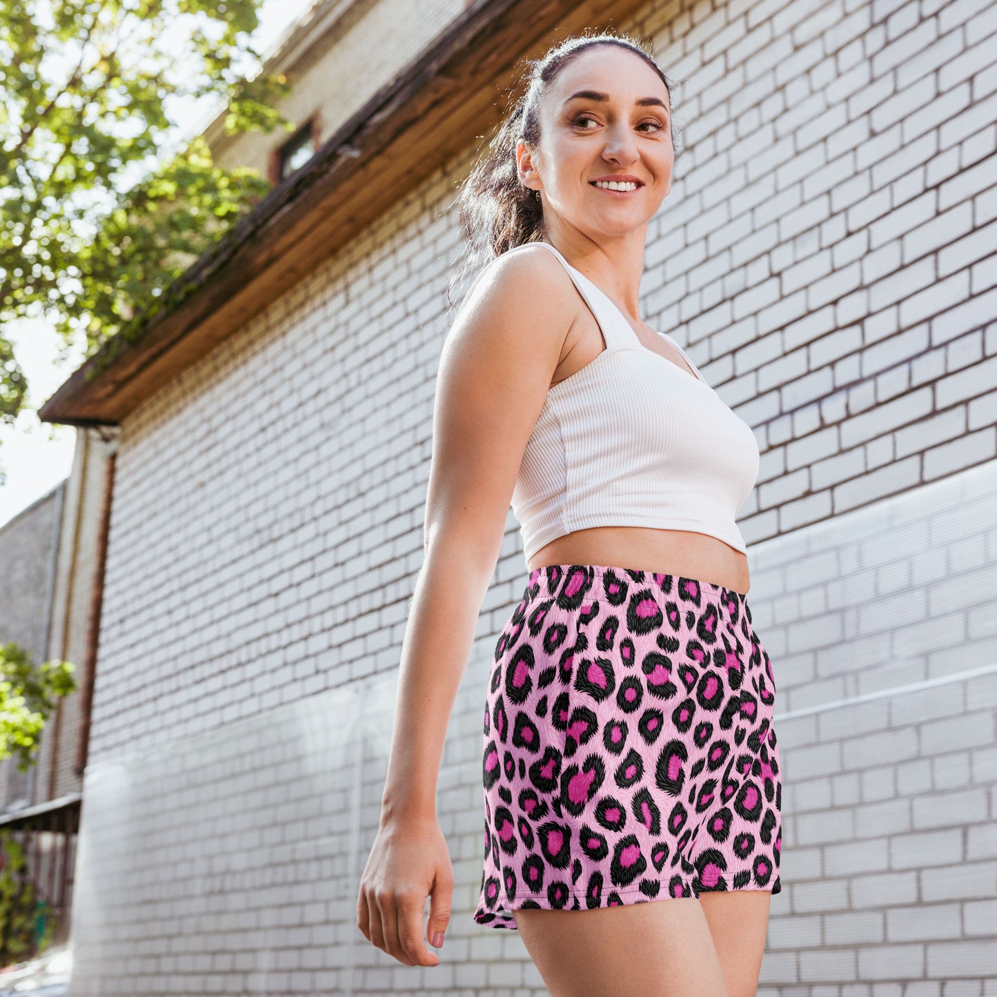 Pink Leopard Print Women's Athletic Shorts