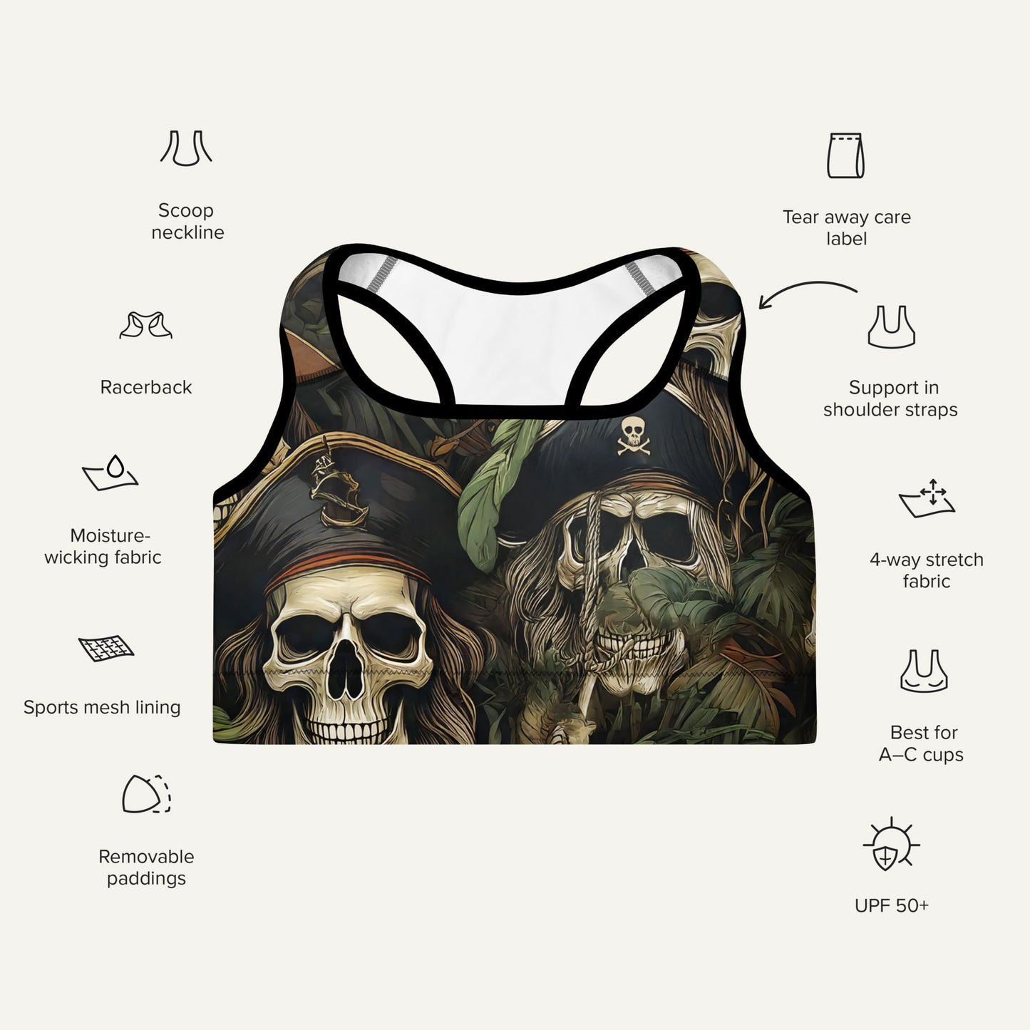 Pirate Skulls Padded Sports Bra