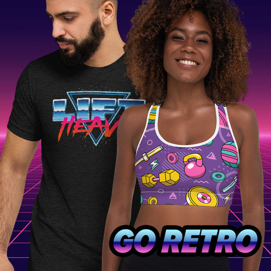 Man and woman wearing retro-themed workout apparel with neon graphics and 80s-inspired patterns – retro gym clothes