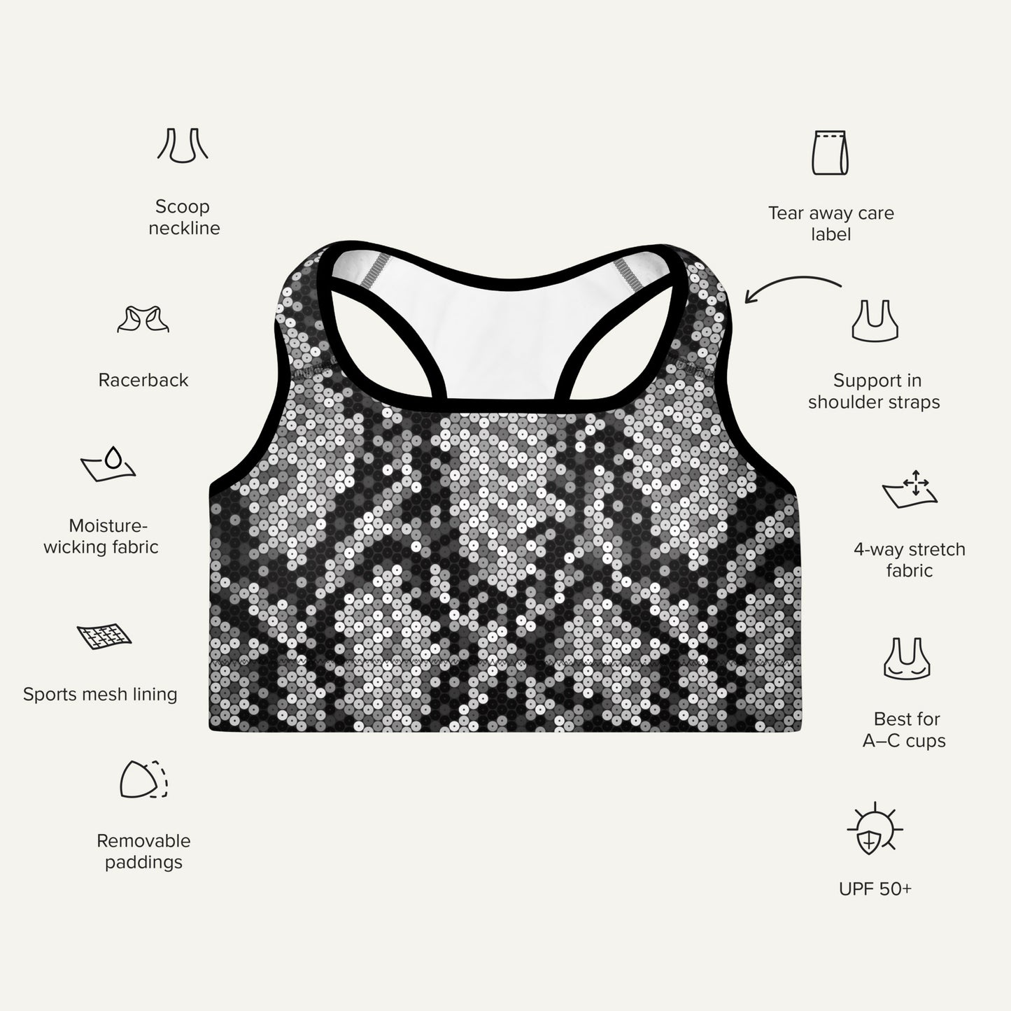 Silver Sequin Snakeskin Padded Sports Bra