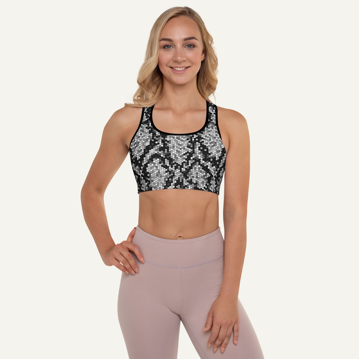 Silver Sequin Snakeskin Padded Sports Bra