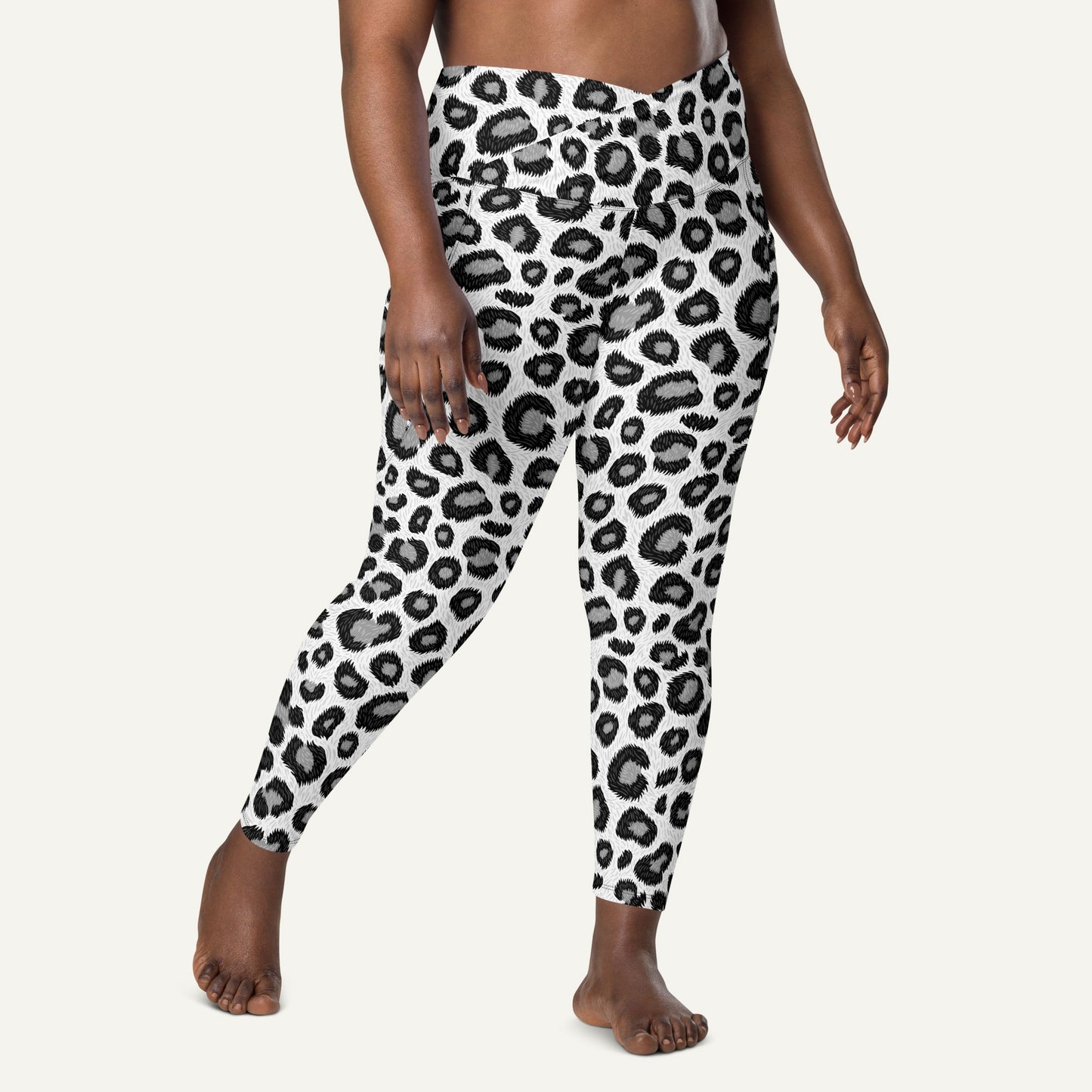Snow Leopard Print Crossover Leggings With Pockets