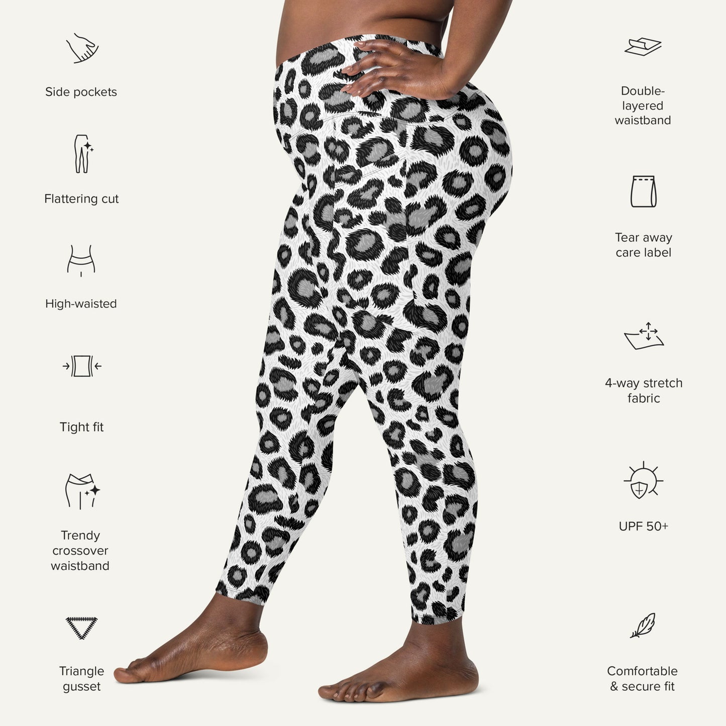 Snow Leopard Print Crossover Leggings With Pockets