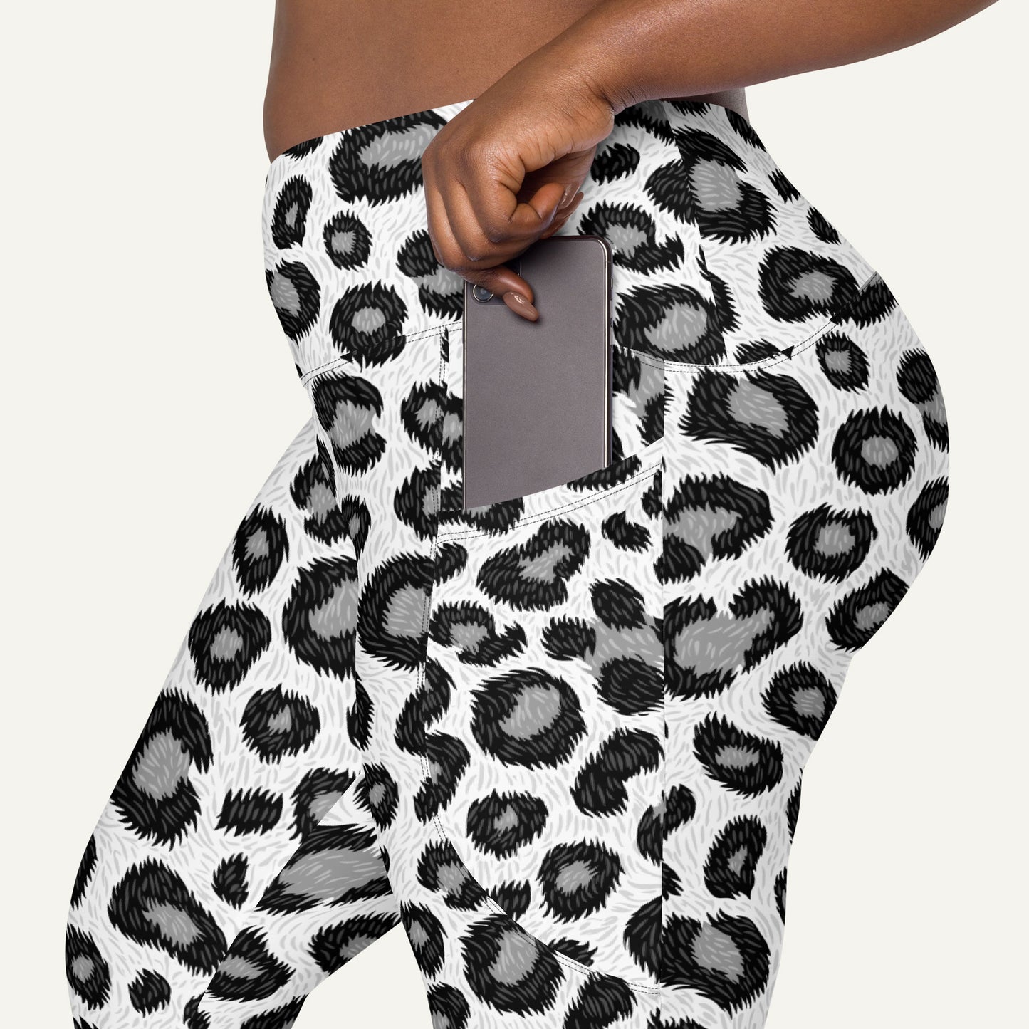 Snow Leopard Print Crossover Leggings With Pockets