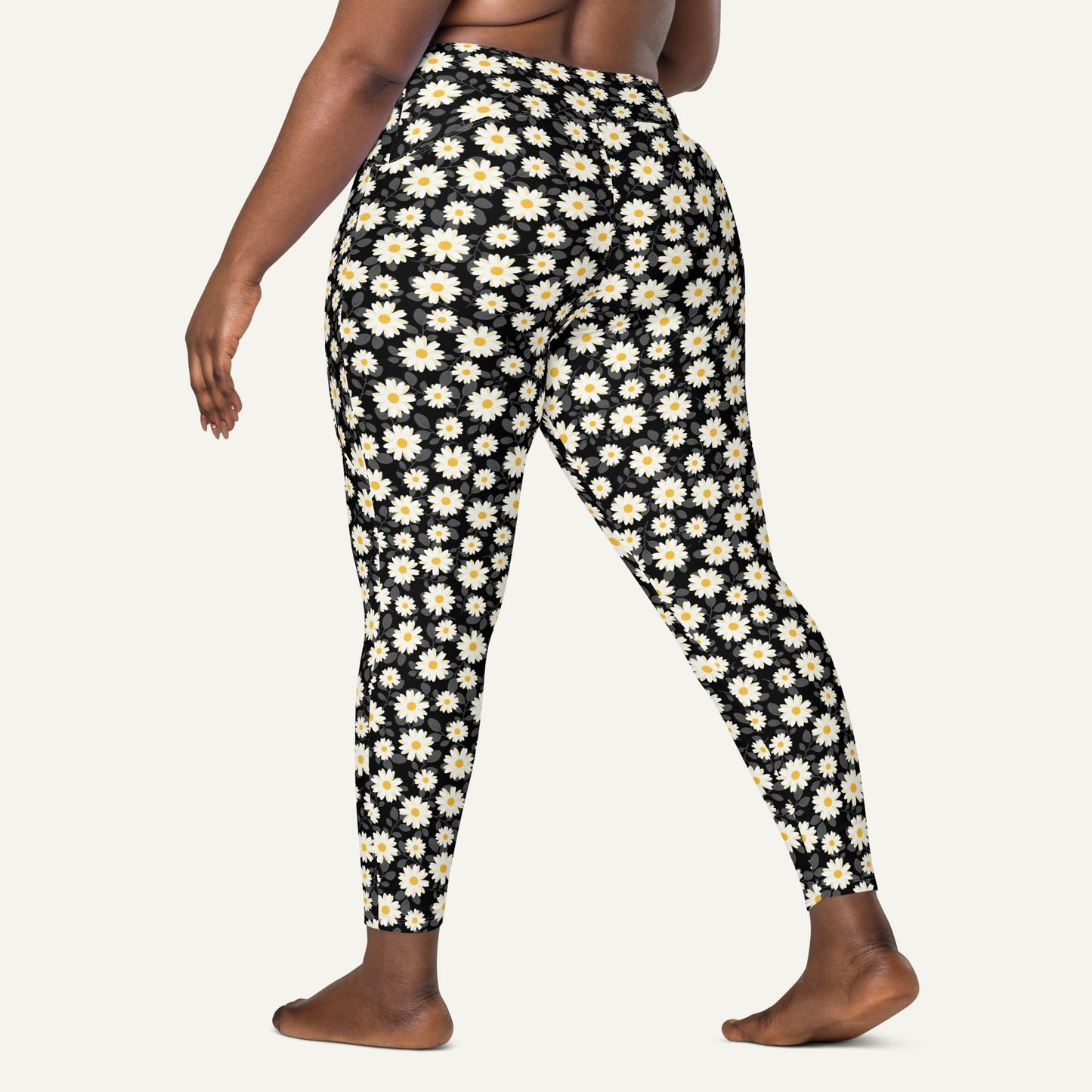 Summer Daisies Black Crossover Leggings With Pockets