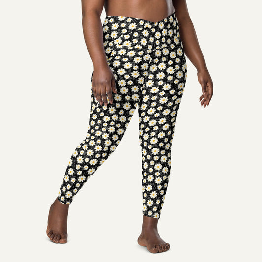 Summer Daisies Black Crossover Pocket Leggings