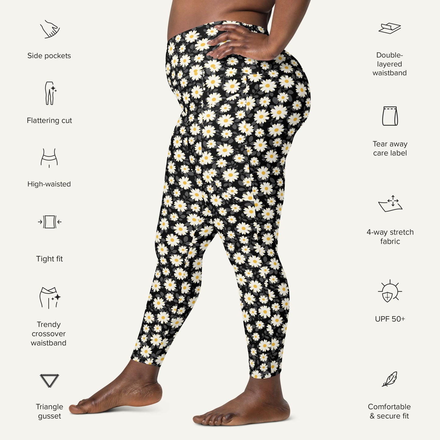 Summer Daisies Black Crossover Leggings With Pockets