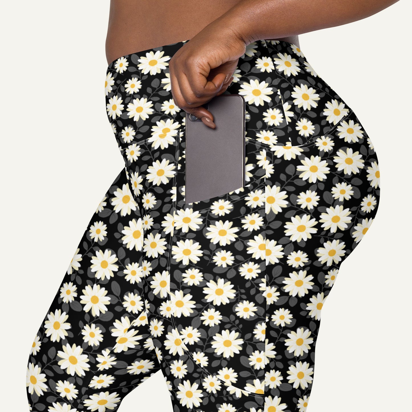Summer Daisies Black Crossover Leggings With Pockets