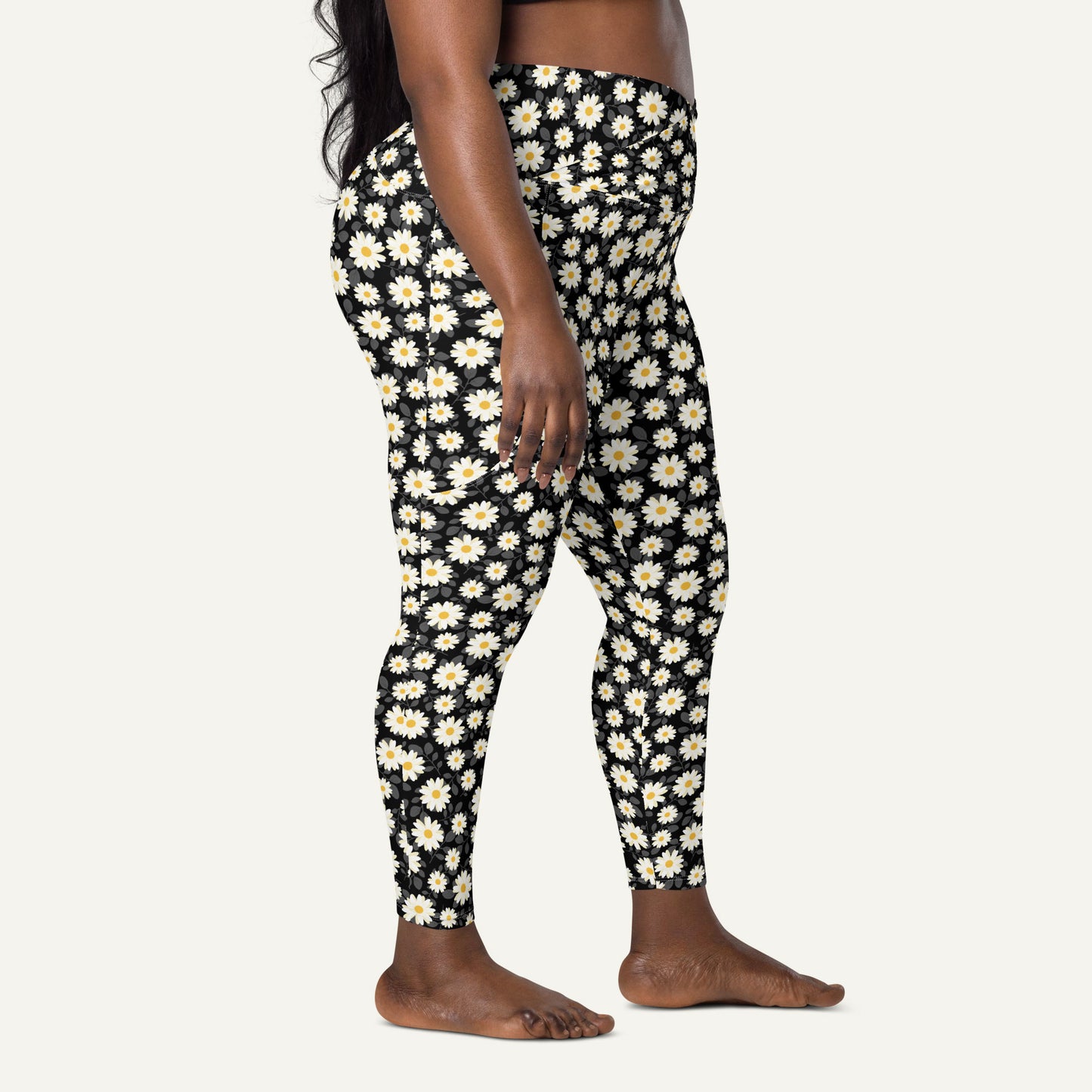 Summer Daisies Black Crossover Leggings With Pockets