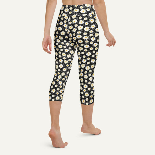 Summer Daisies Black High-Waisted Capri Leggings