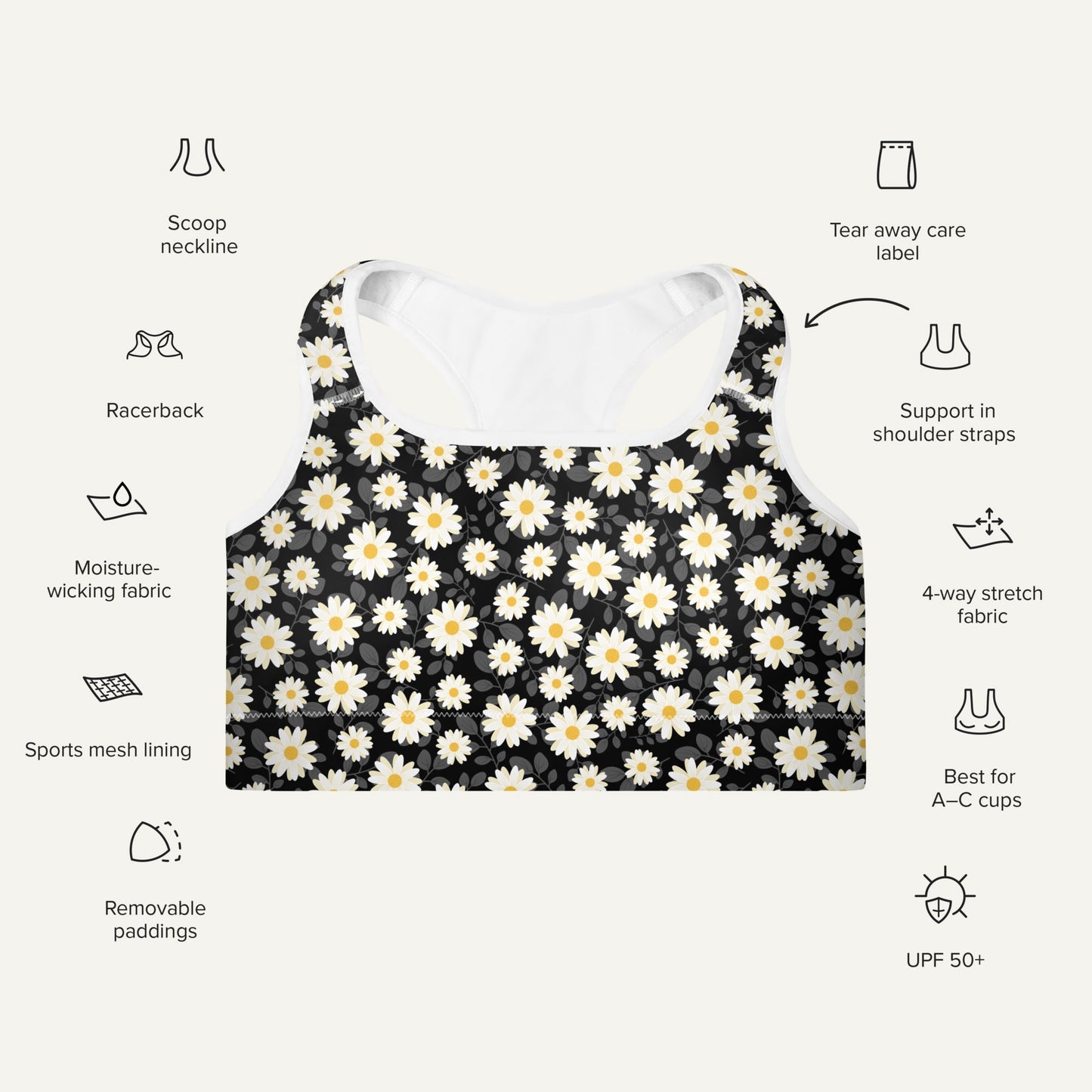 Summer Daisies Black Padded Sports Bra