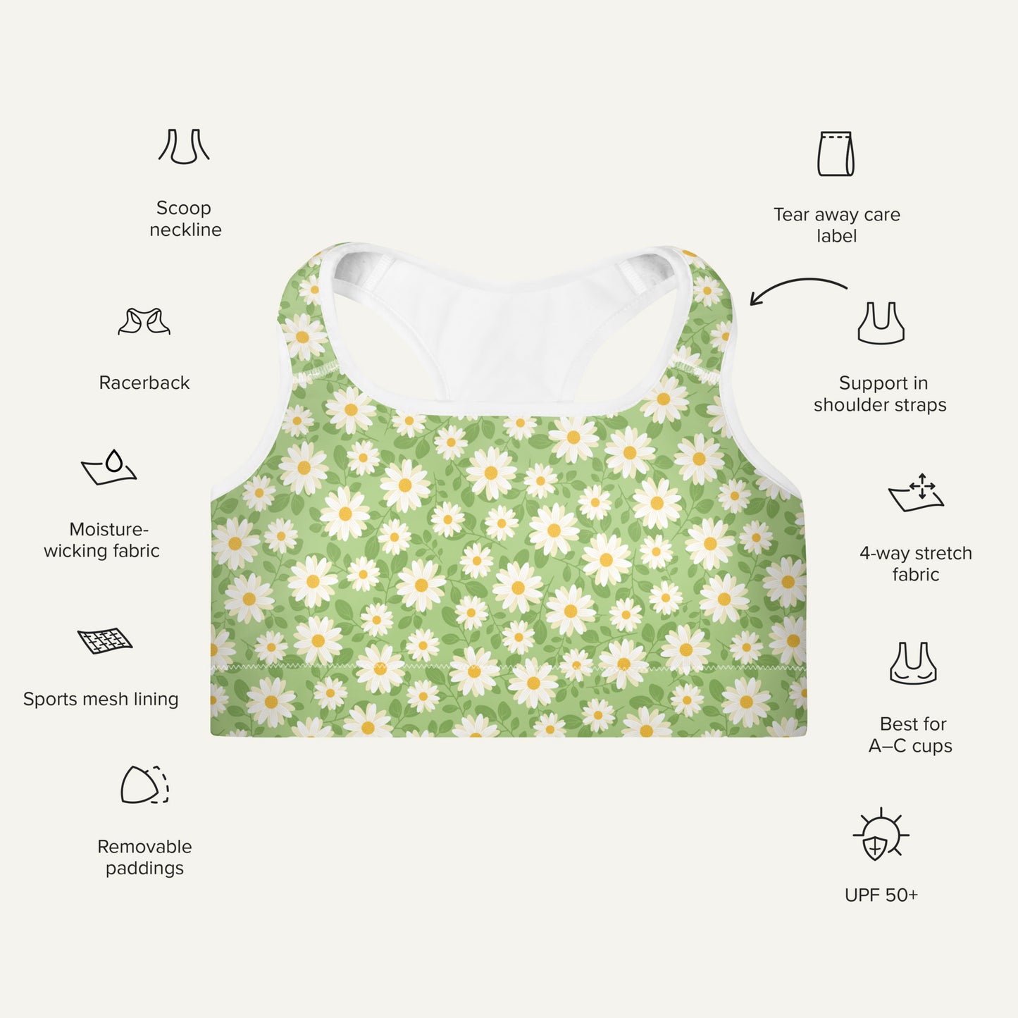 Summer Daisies Green Padded Sports Bra