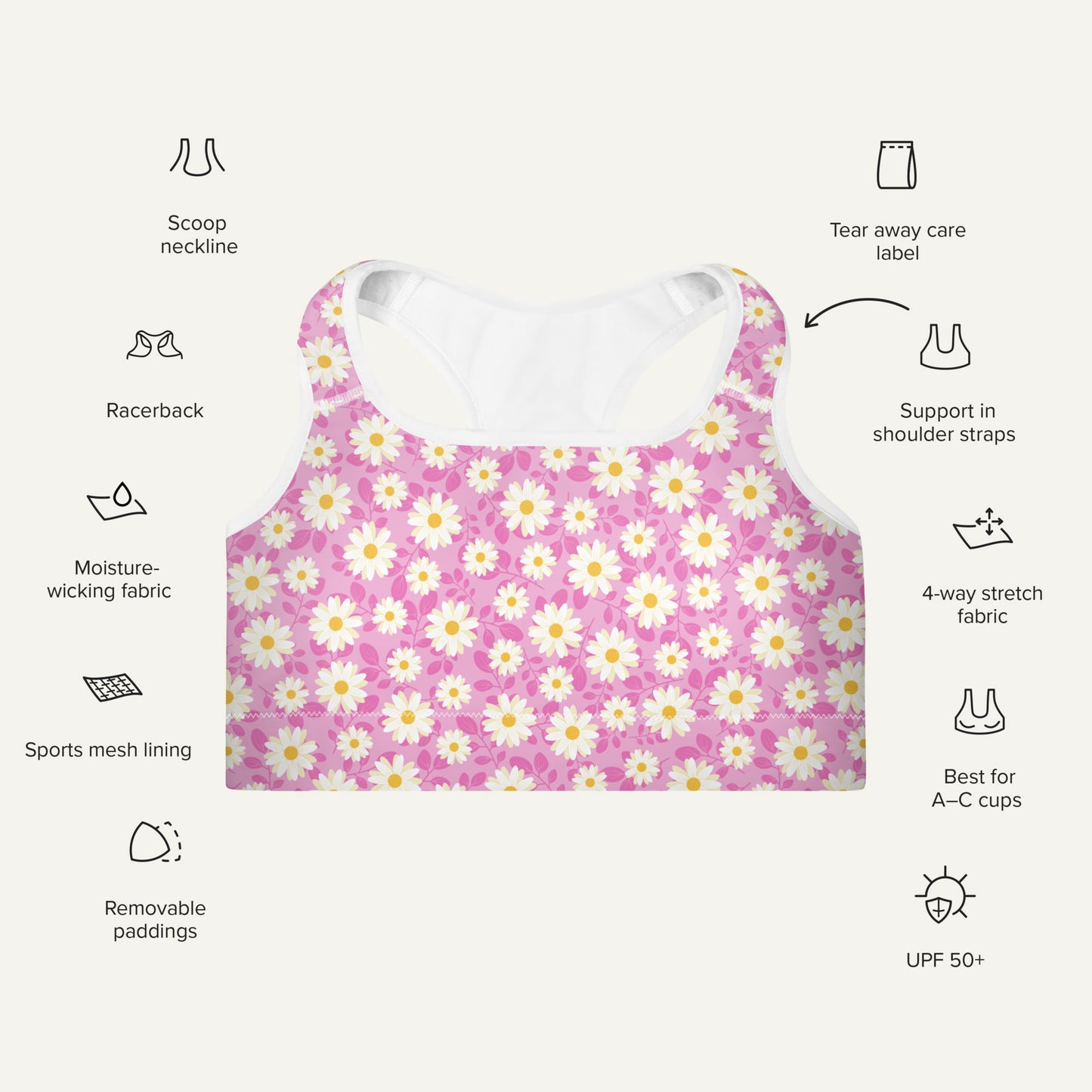 Summer Daisies Pink Padded Sports Bra