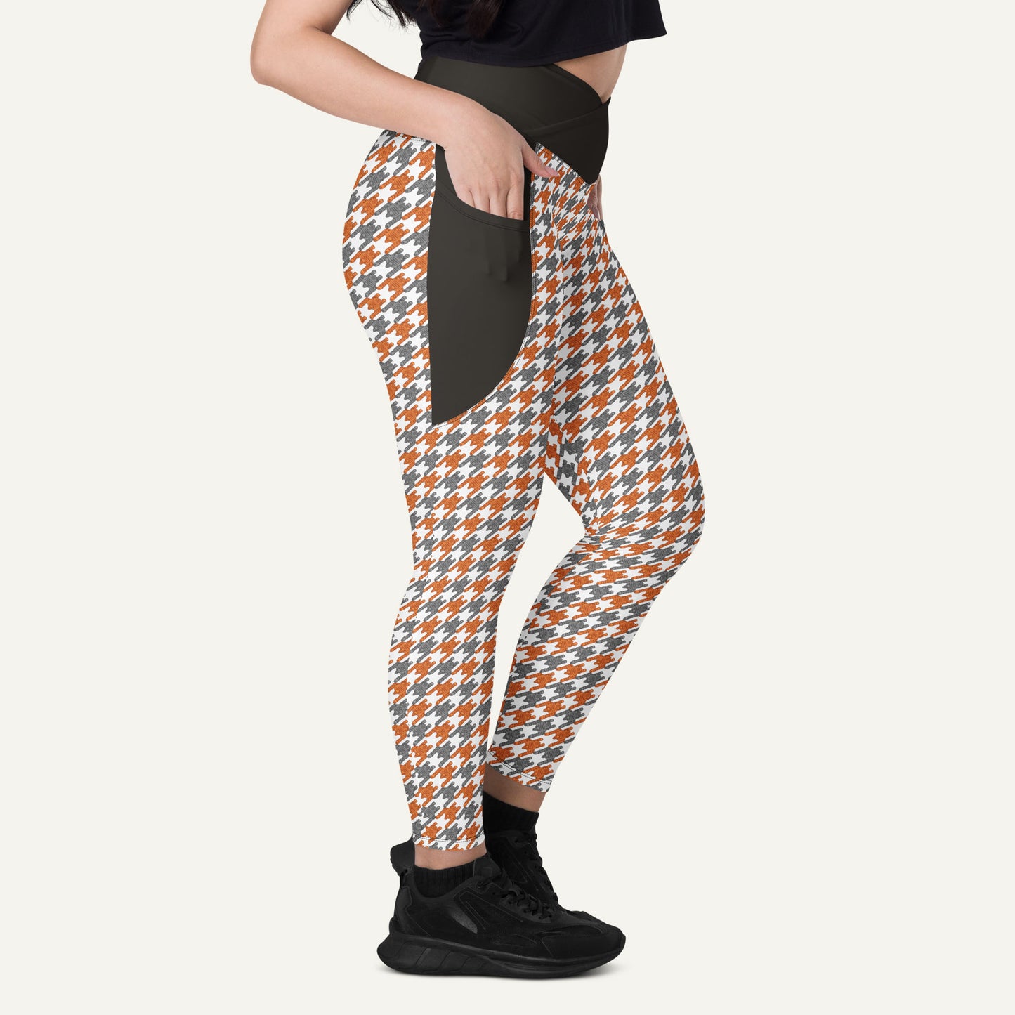 Tabby Cat Houndstooth Crossover Pocket Leggings - Ministry of Sweat