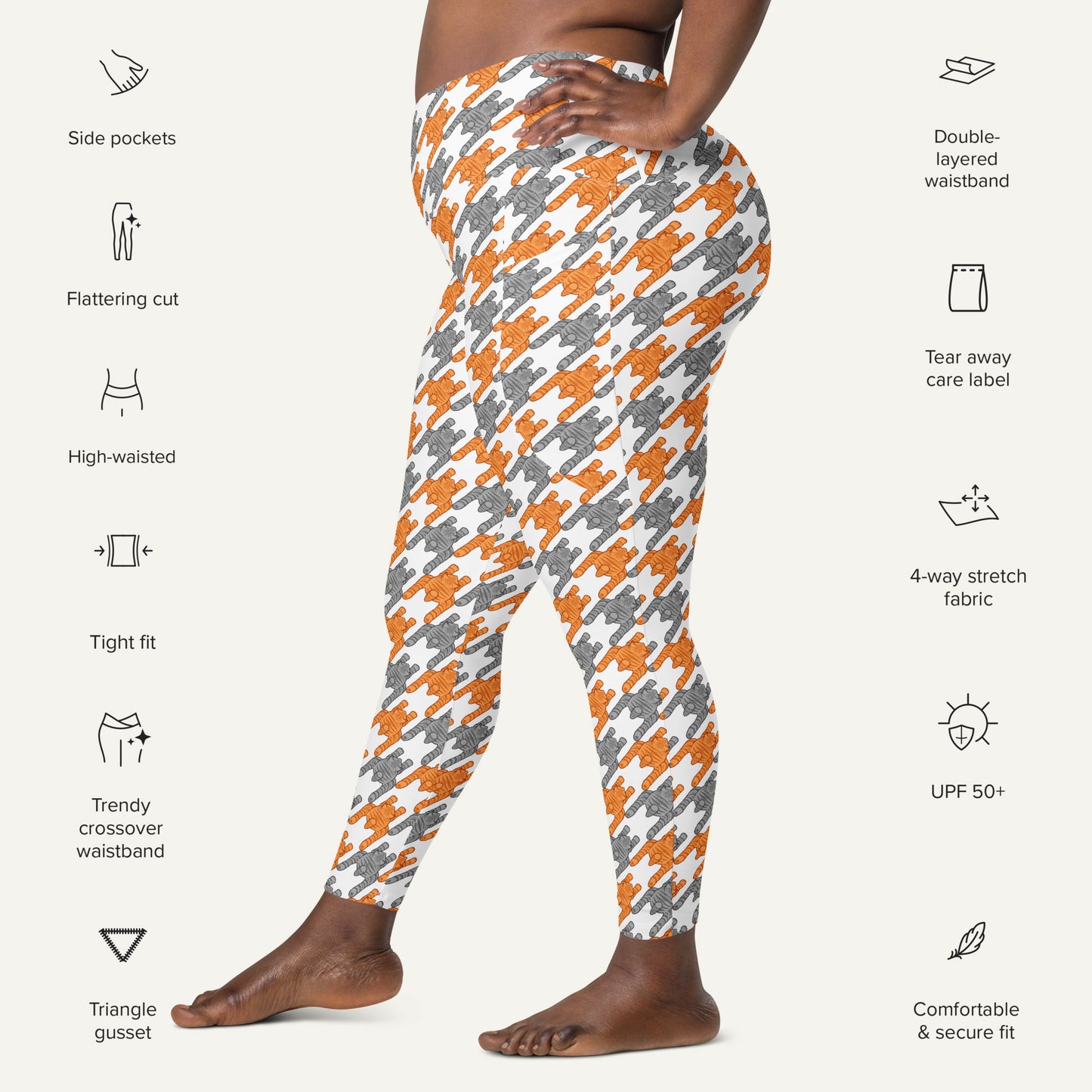 Tabby Cats Houndstooth Crossover Leggings With Pockets