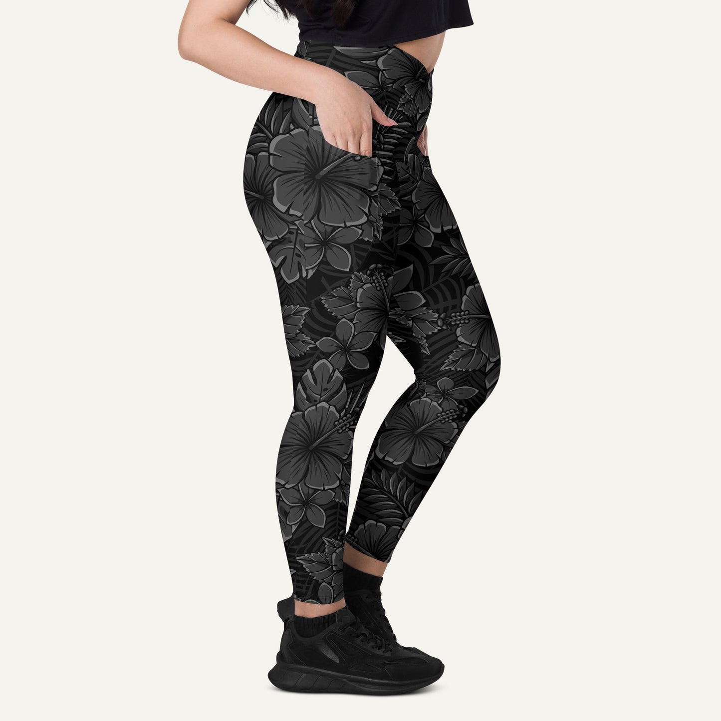 Black Tropical Florals Crossover Leggings With Pockets