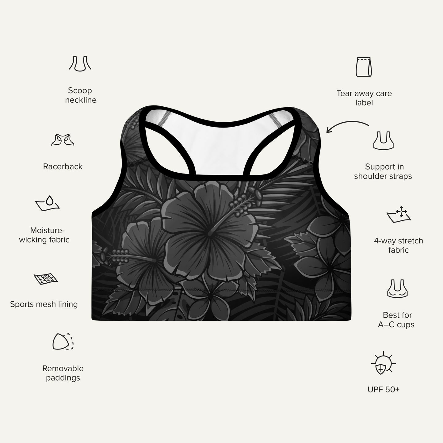 Black Tropical Florals Padded Sports Bra
