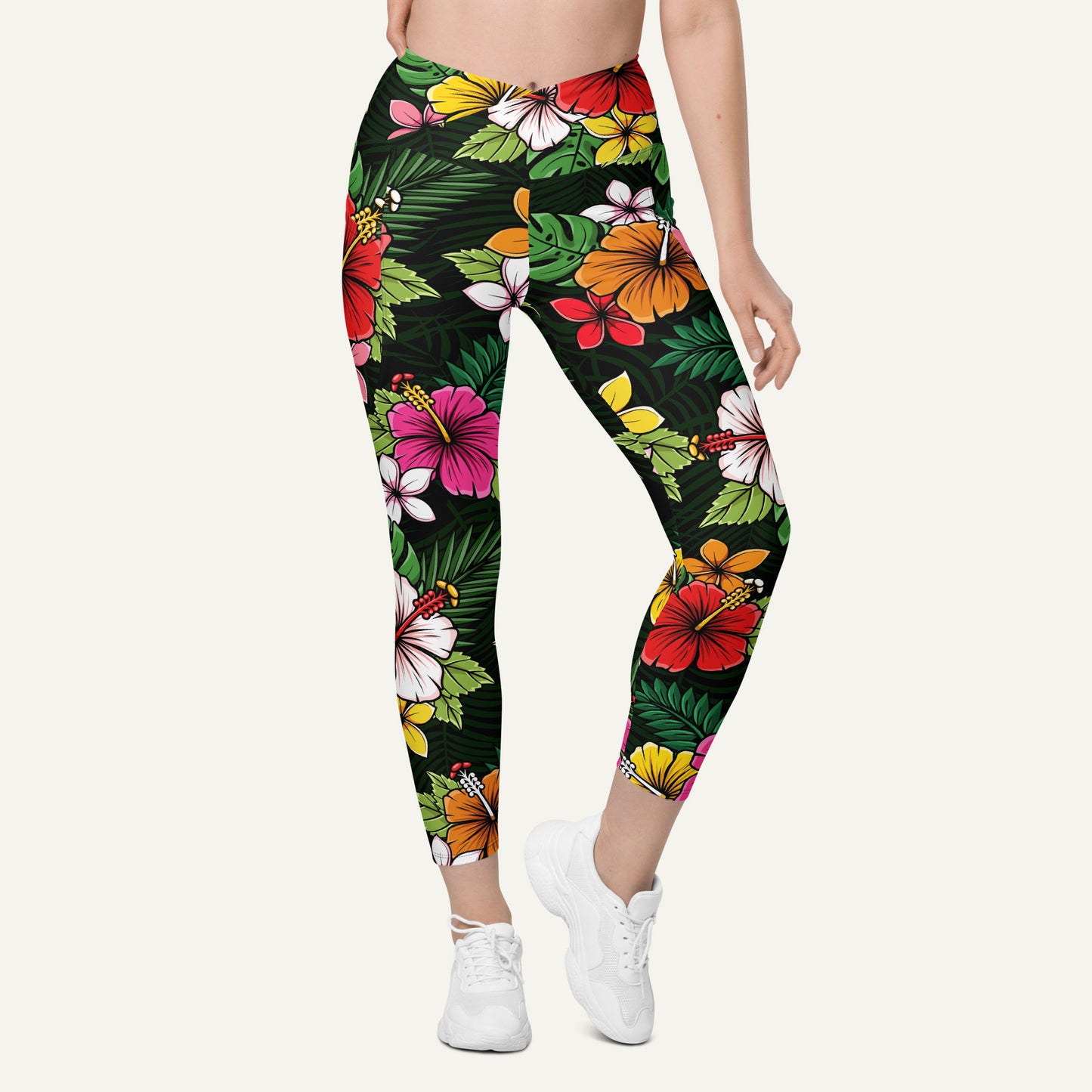 Tropical Florals Crossover Leggings With Pockets