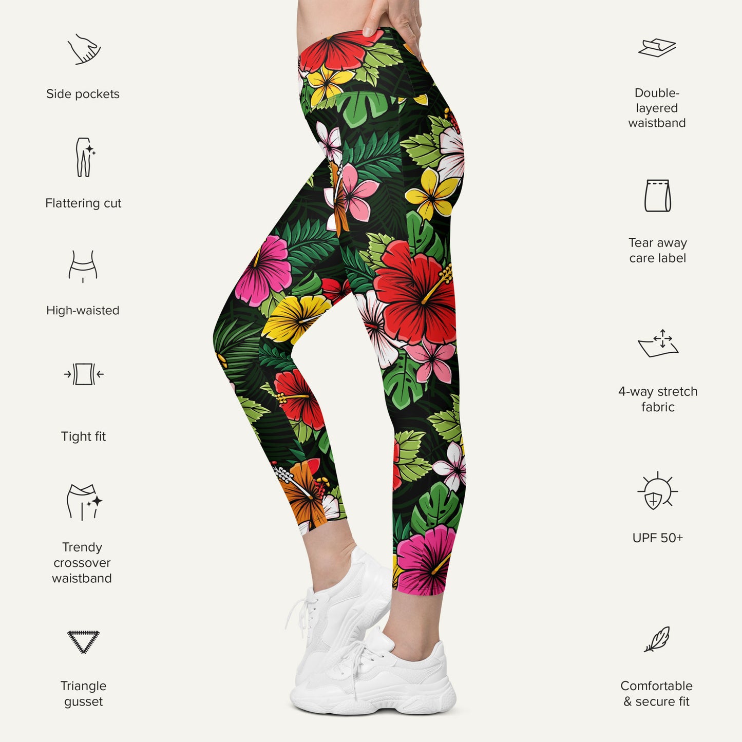 Tropical Florals Crossover Leggings With Pockets