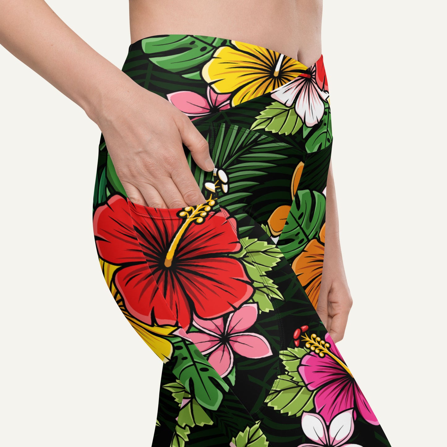 Tropical Florals Crossover Leggings With Pockets