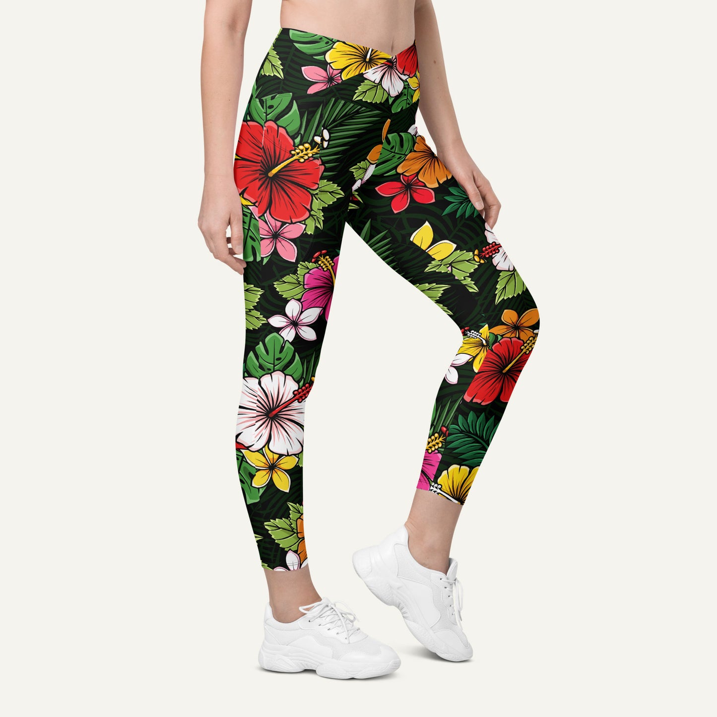 Tropical Florals Crossover Leggings With Pockets