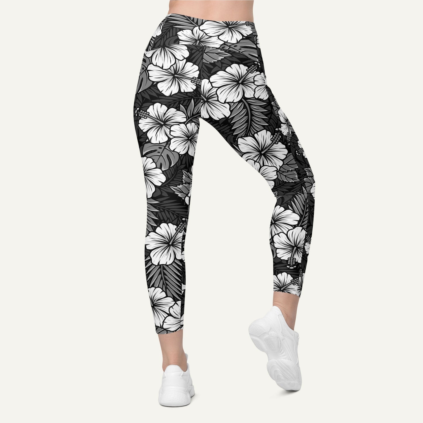 Hawaiian Aloha Black Crossover Leggings With Pockets