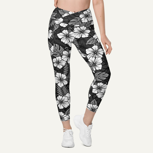 Hawaiian Aloha Black High-Waisted Crossover Leggings With Pockets