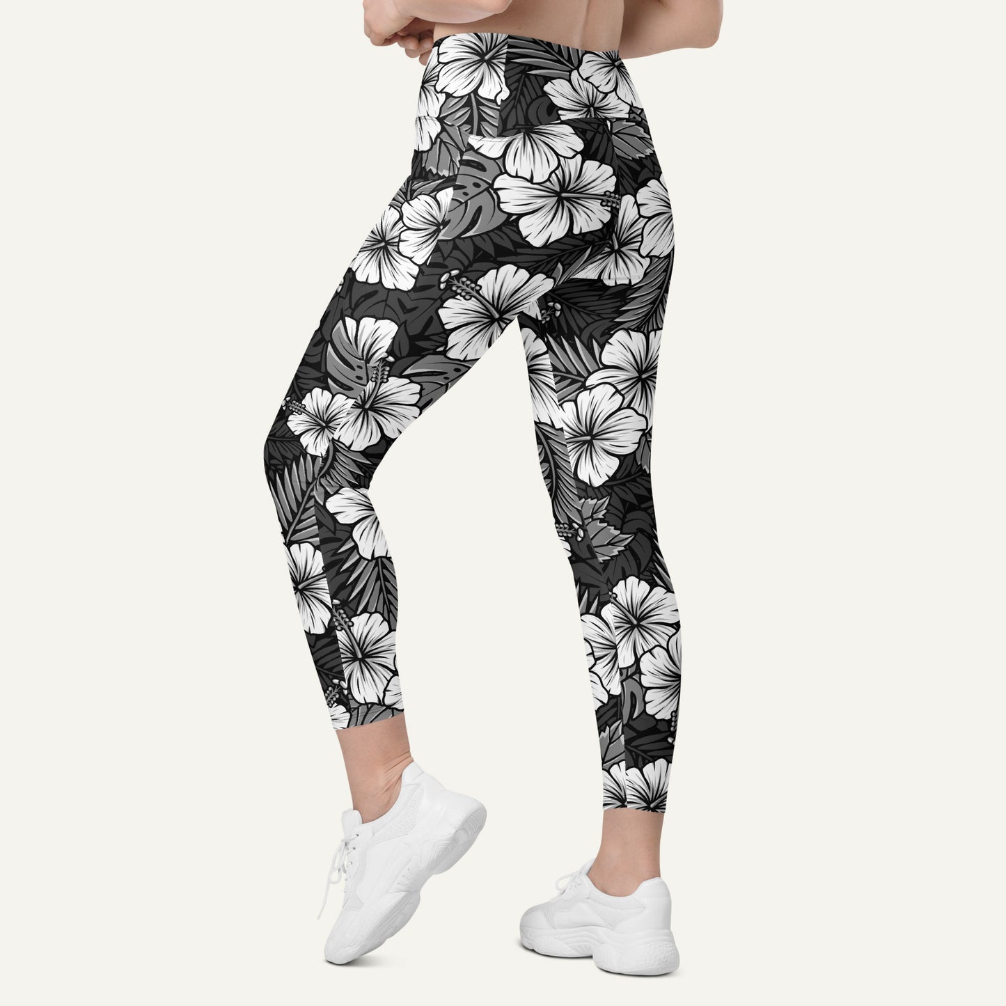 Hawaiian Aloha Black Crossover Leggings With Pockets