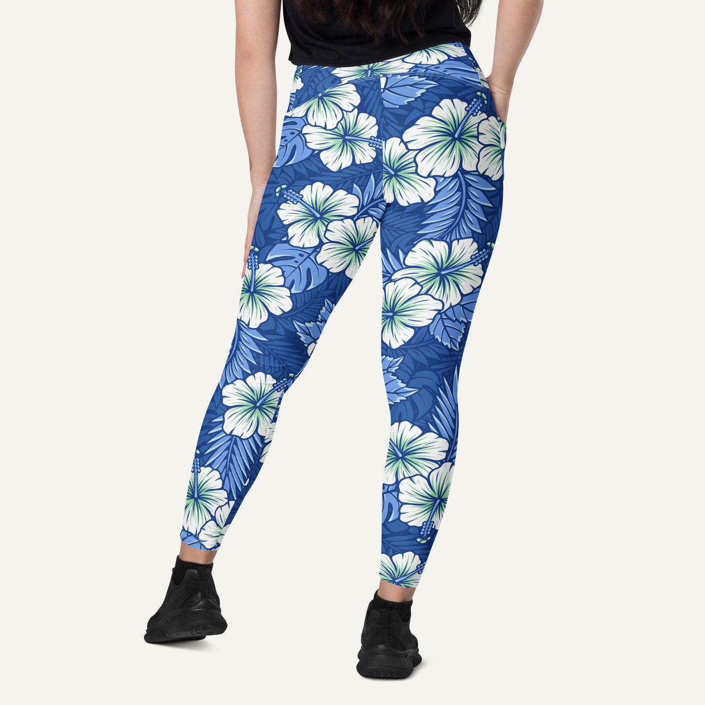 Hawaiian Aloha Blue Crossover Leggings With Pockets
