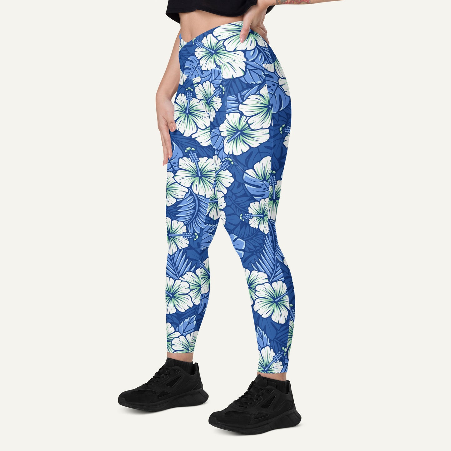 Hawaiian Aloha Blue Crossover Leggings With Pockets