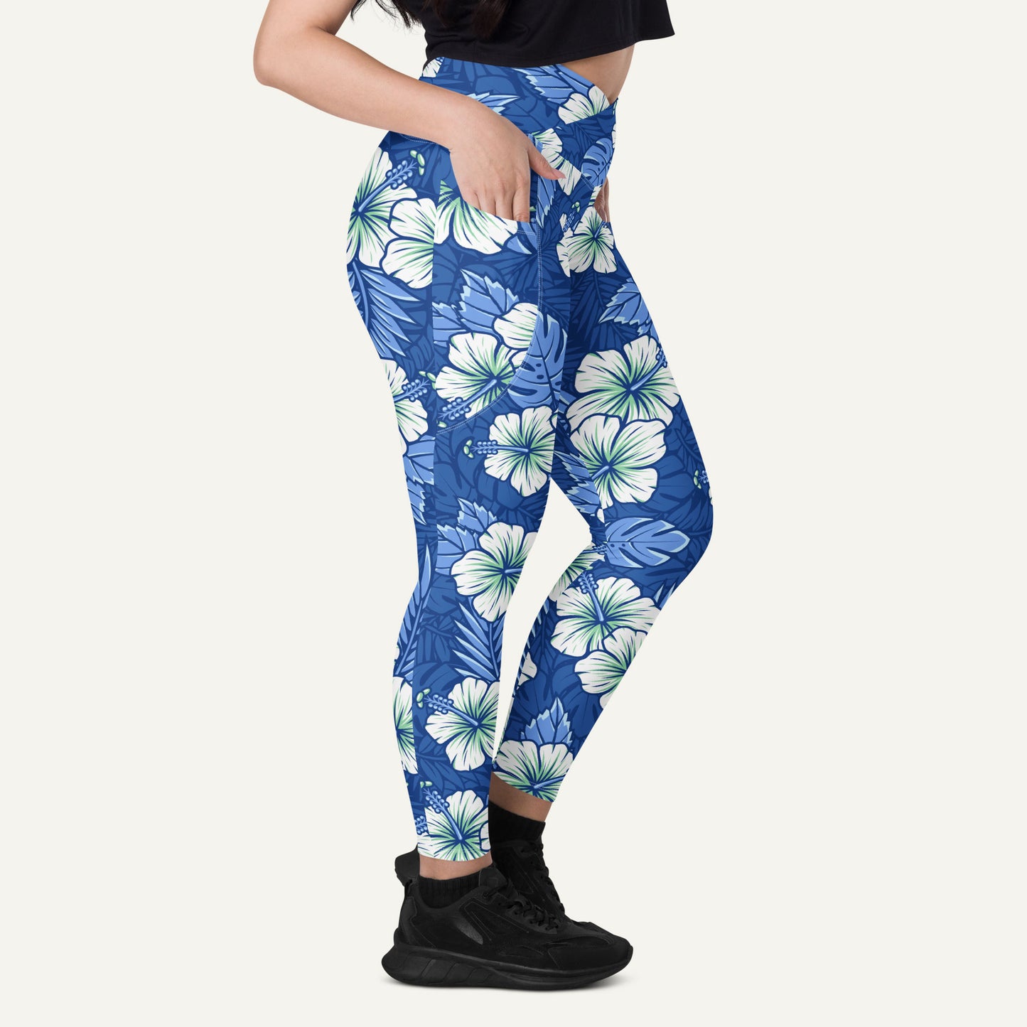 Hawaiian Aloha Blue Crossover Leggings With Pockets