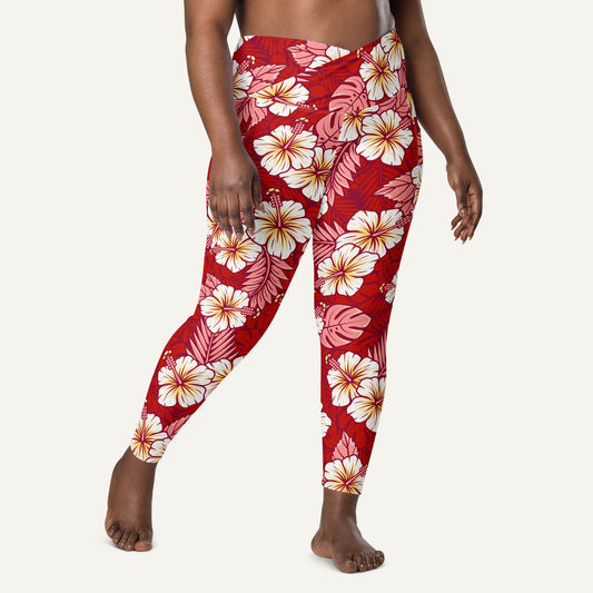 Hawaiian Aloha Red High-Waisted Crossover Leggings With Pockets