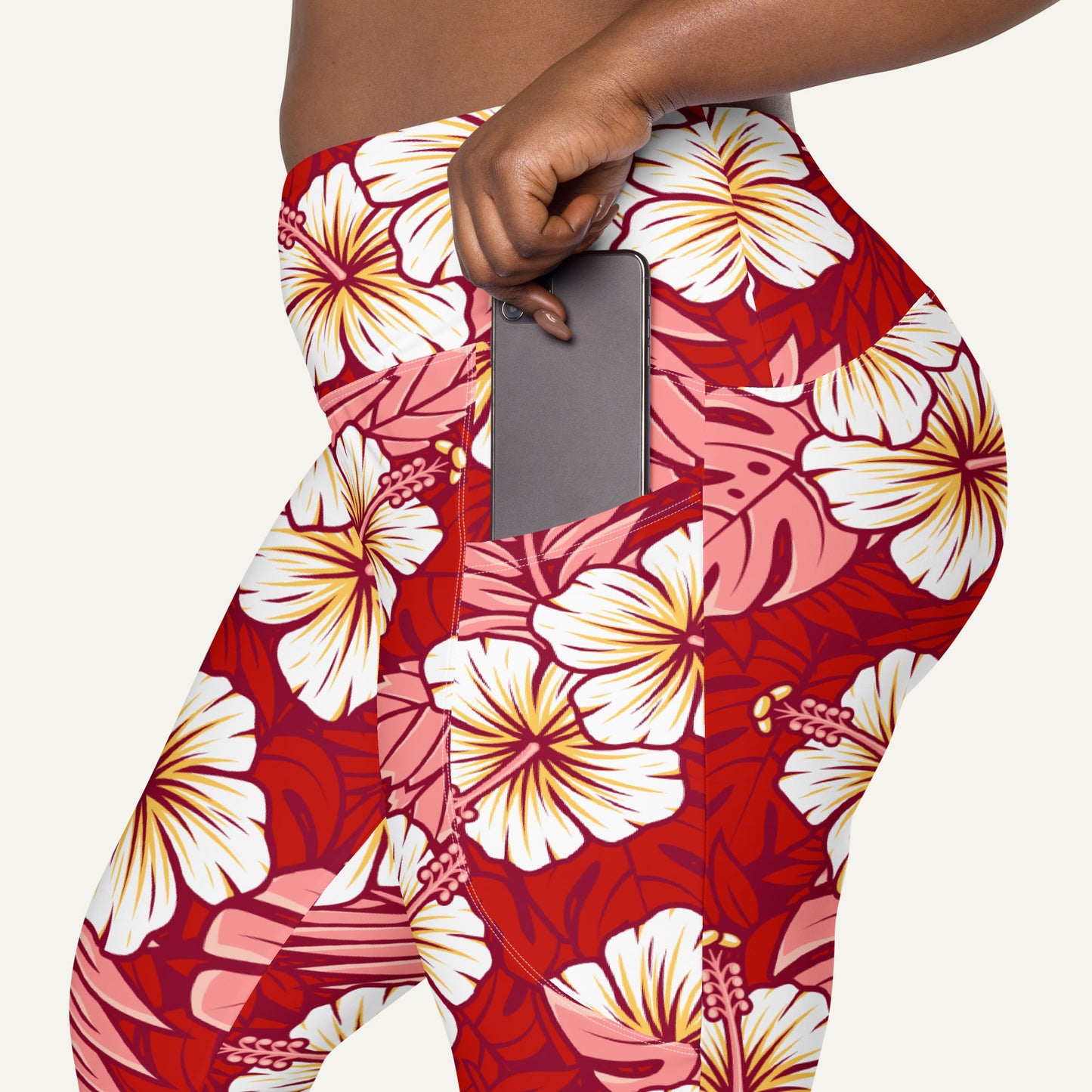 Hawaiian Aloha Red Crossover Pocket Leggings