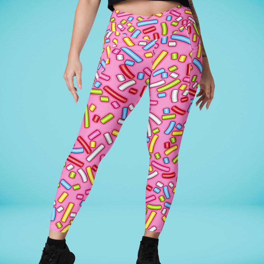 Chocolate Donut Sprinkles High-Waisted Crossover Leggings With