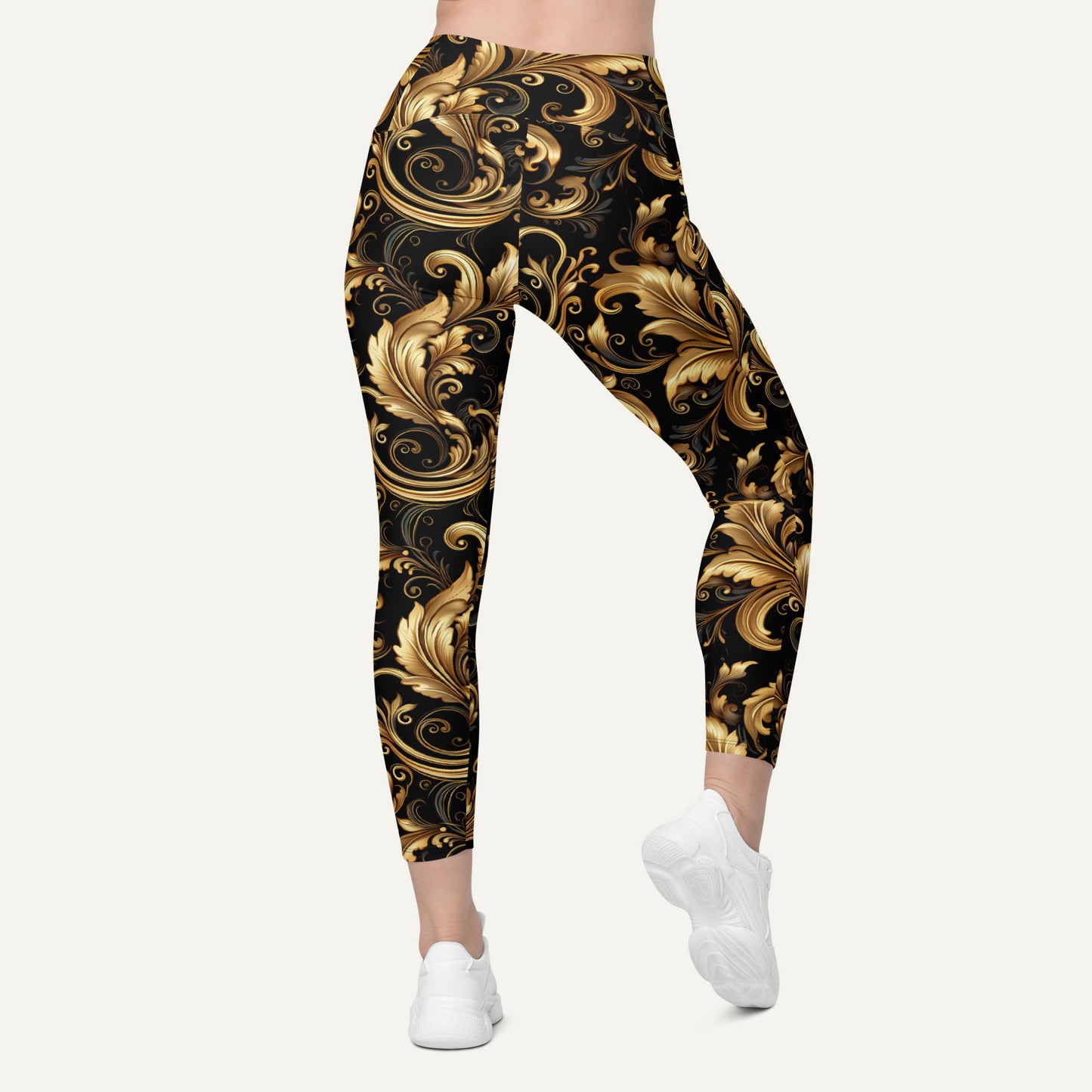 Baroque Flourish Black Crossover Leggings With Pockets