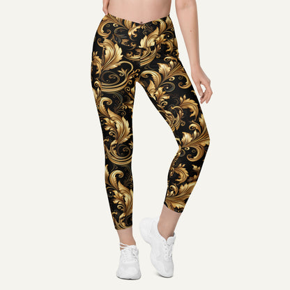 Baroque Flourish Black Crossover Leggings With Pockets