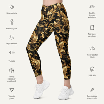 Baroque Flourish Black Crossover Leggings With Pockets