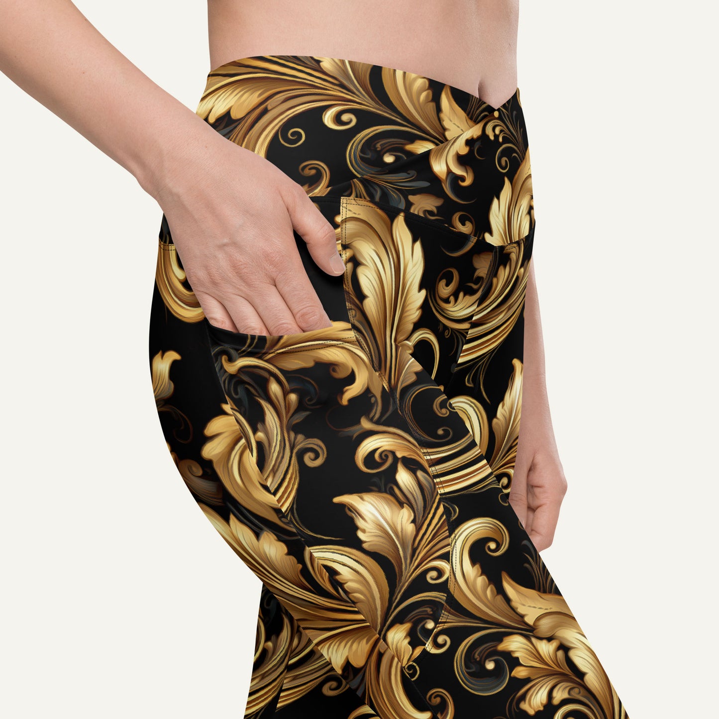 Baroque Flourish Black Crossover Leggings With Pockets