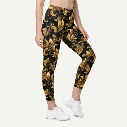 Baroque Flourish Black Crossover Leggings With Pockets