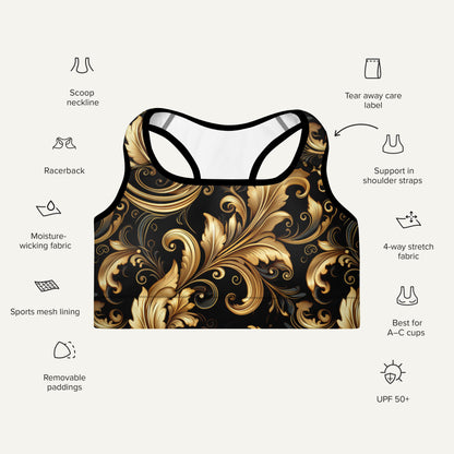 Baroque Flourish Black Padded Sports Bra