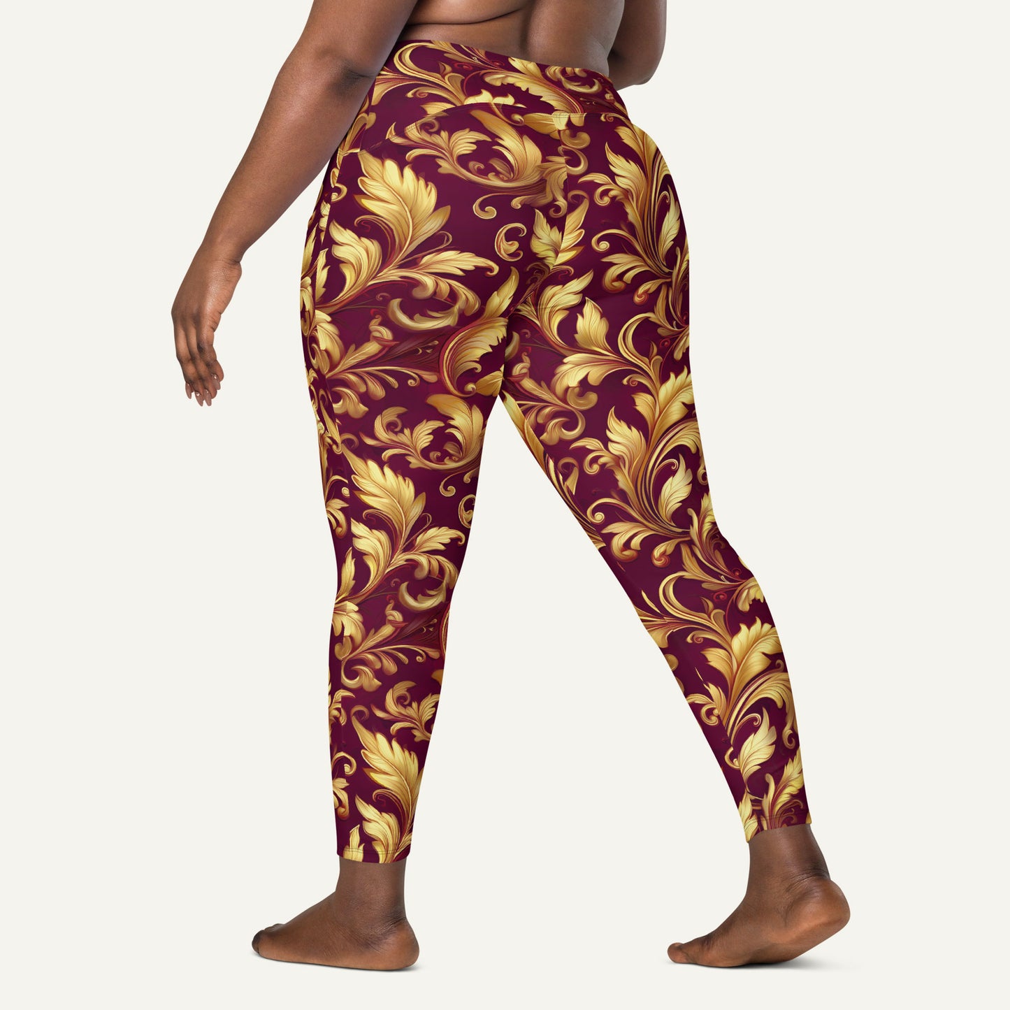 Baroque Flourish Burgundy Crossover Leggings With Pockets